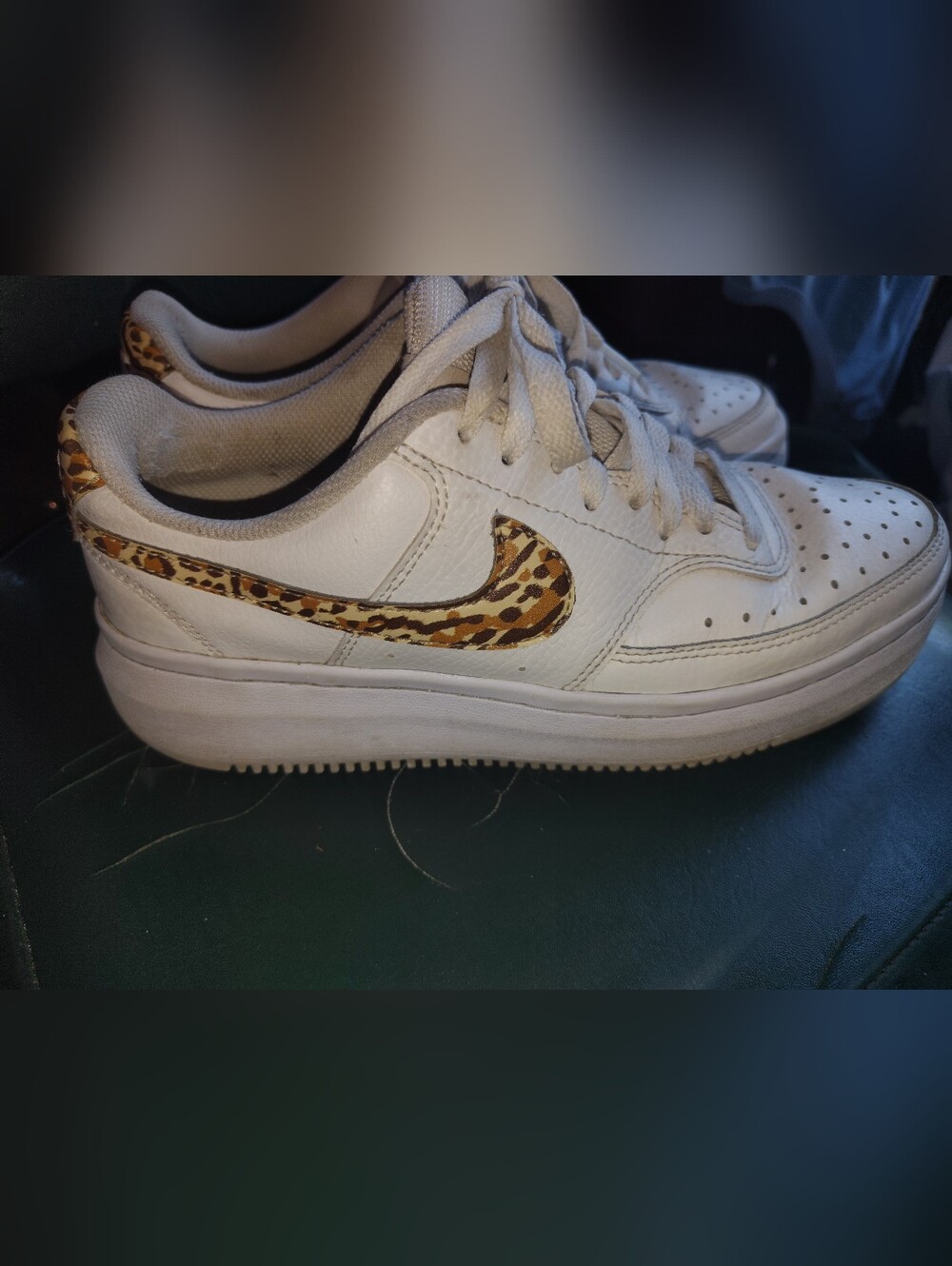 Nike Women's White Sneakers with Leopard Swoosh